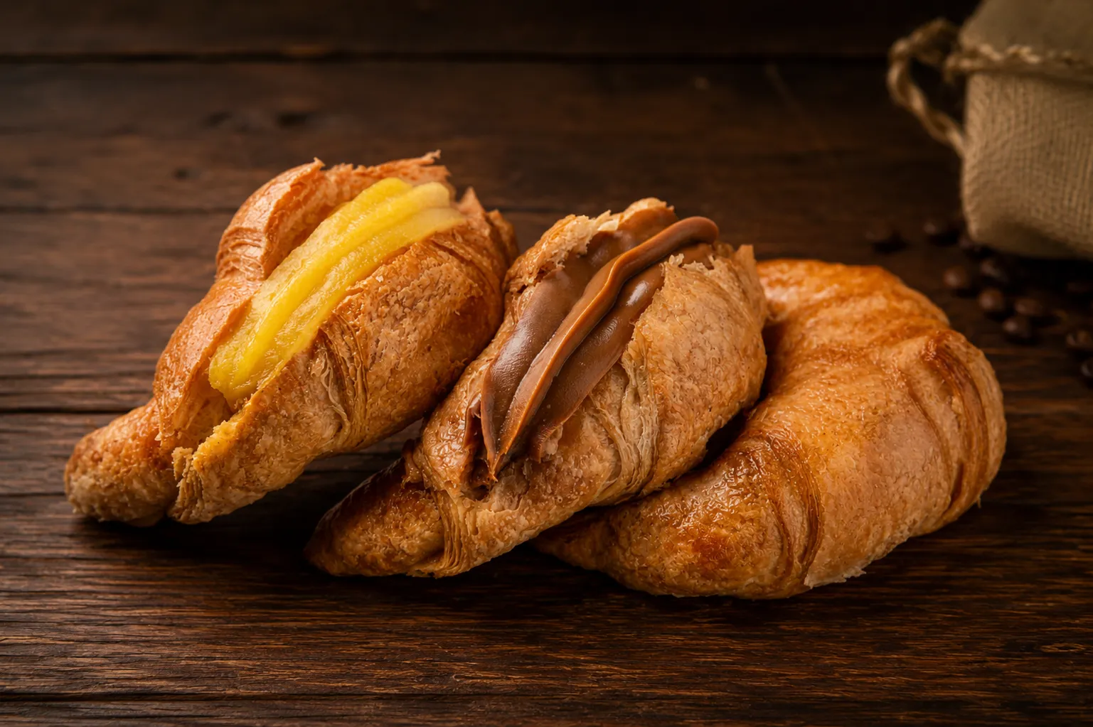 Medialunas rellenas de dulce de leche y crema pastelera